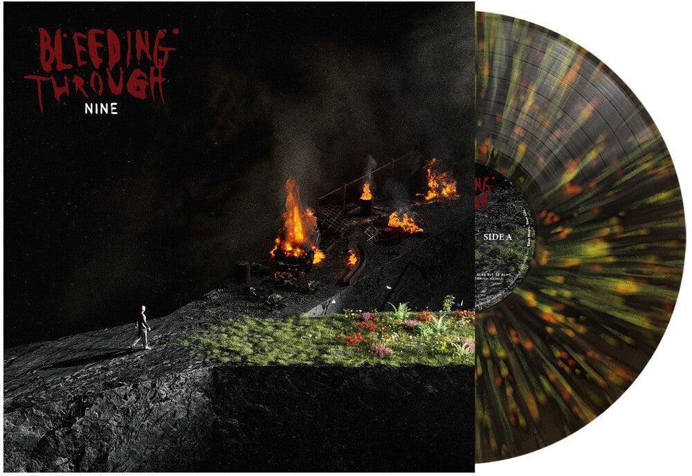 the album cover for Bleeding Through - Nine - Forest Green Orange & Yellow Splatter (Grn)