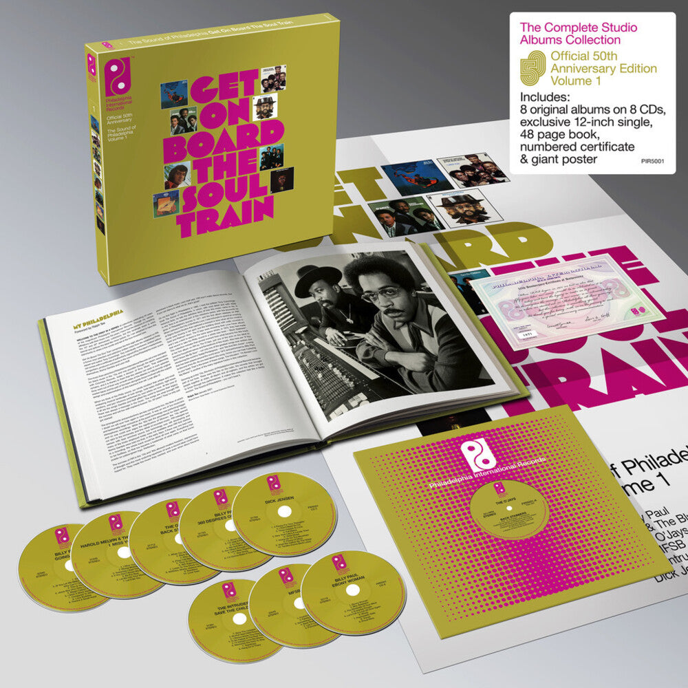 the album cover for Various Artists - Get On Board The Soul Train: The Sound Of Philadelphia International Records Volume 1 [8CD Book Set with Bonus 12in Single]