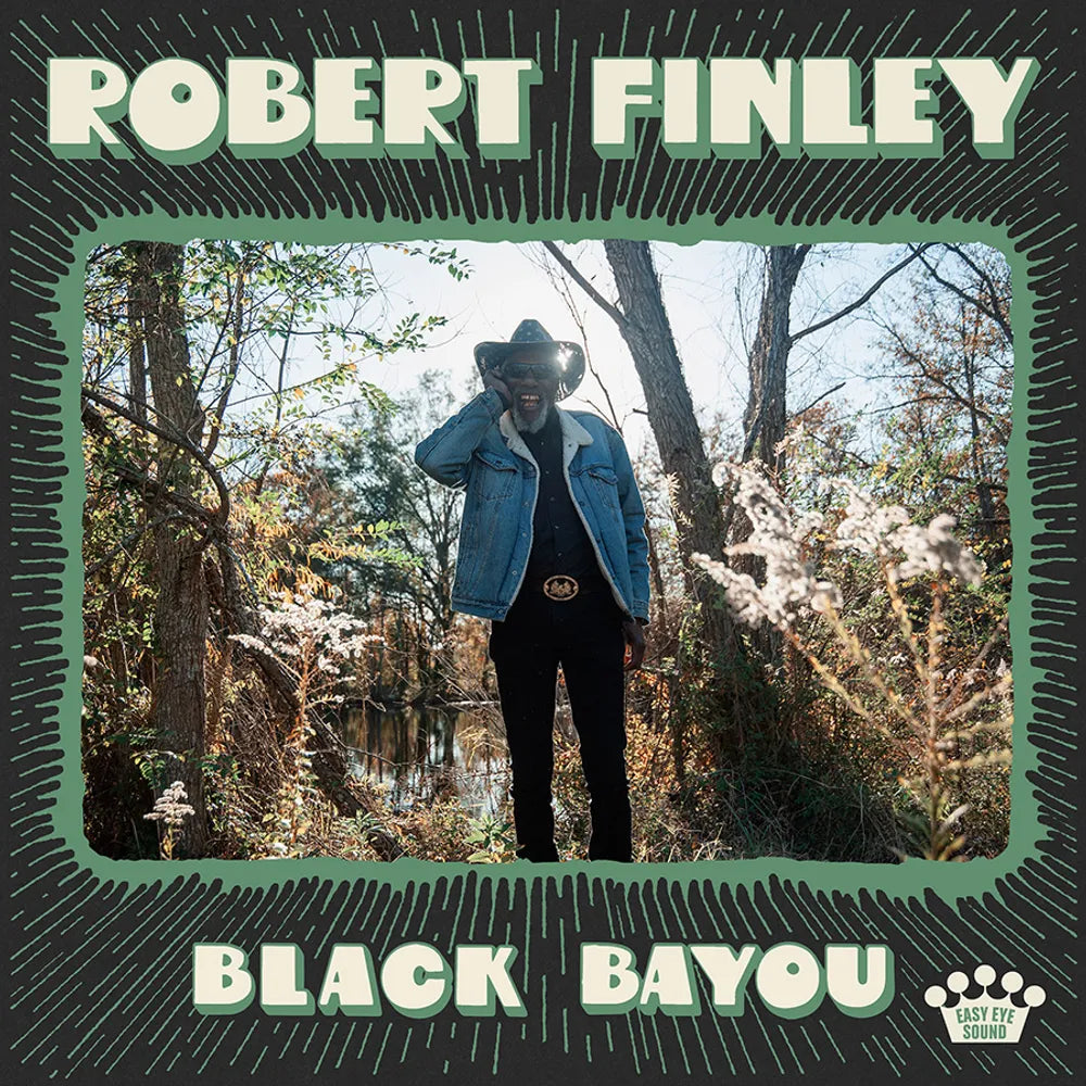 the album cover for Robert Finley - Black Bayou [Indie Exclusive Limited Edition Olive Green w/Black Splatter LP]