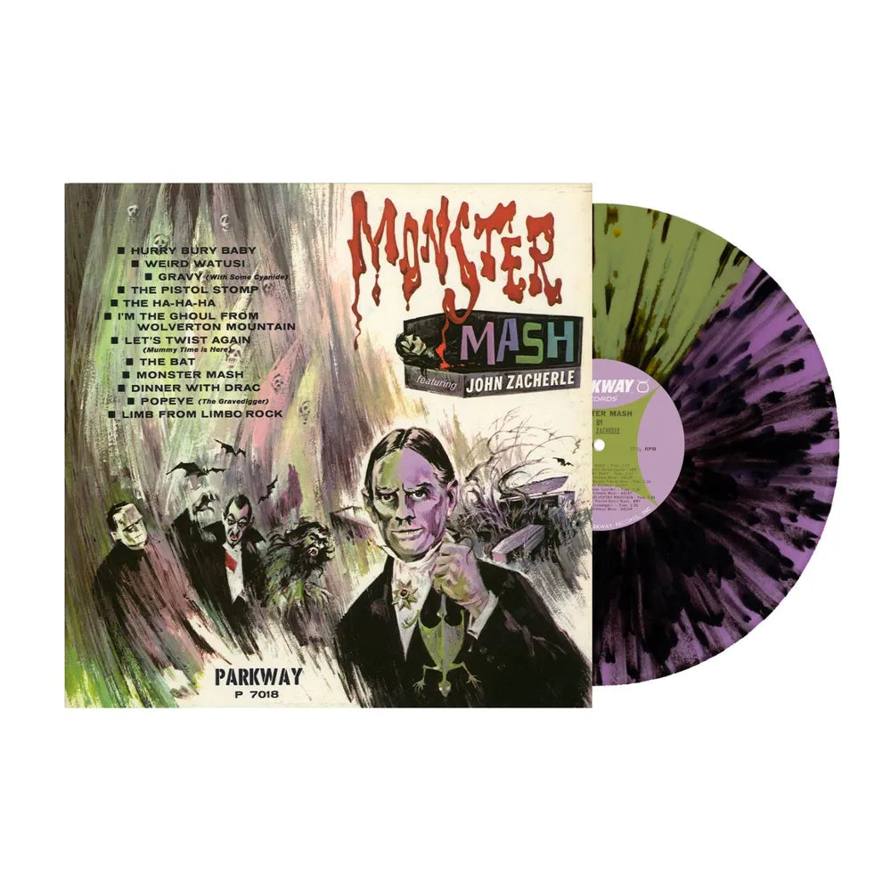the album cover for John Zacherle - Monster Mash -  [Indie Exclusive Purple/Green Split w/Black Splatter LP]