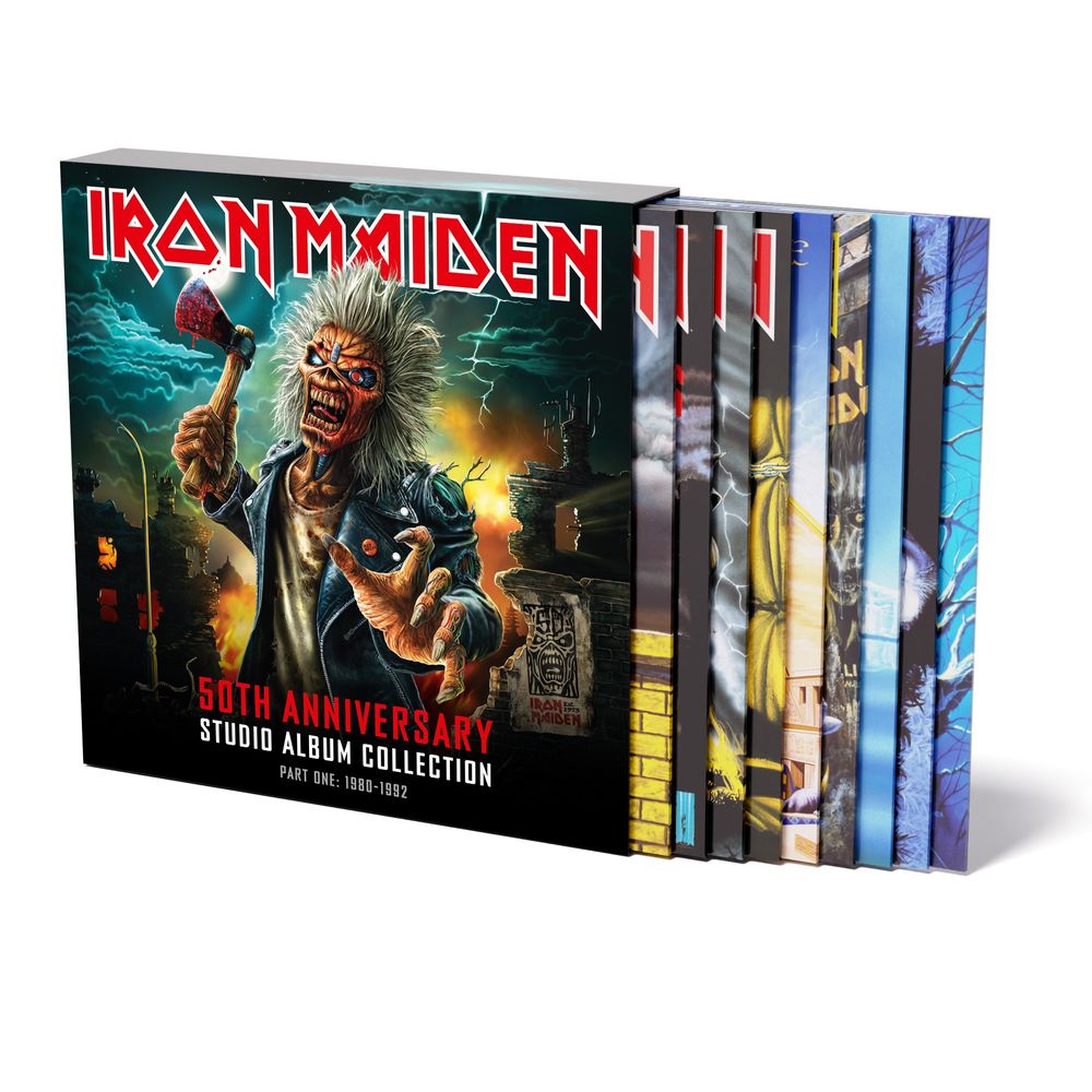the album cover for Iron Maiden - 50th Anniversary Studio Album Collection, Part One: 1980-1992 [Multicolor 10 LP Box Set]