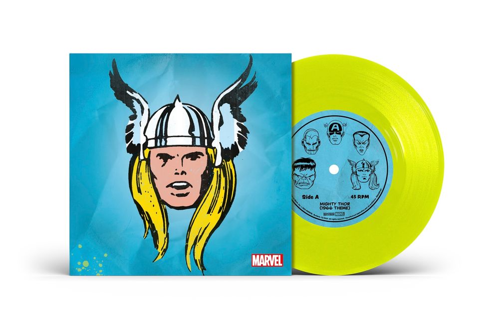 the album cover for Marvel Chorus - Merry Marvel Marching Society (1966 Theme) [Mighty Thor Translucent Yellow 7" Single]