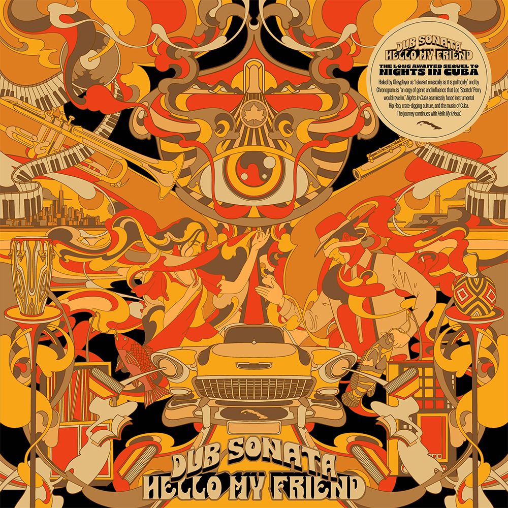 the album cover for Dub Sonata - Hello My Friend [Orange, Yellow & Black Splatter]