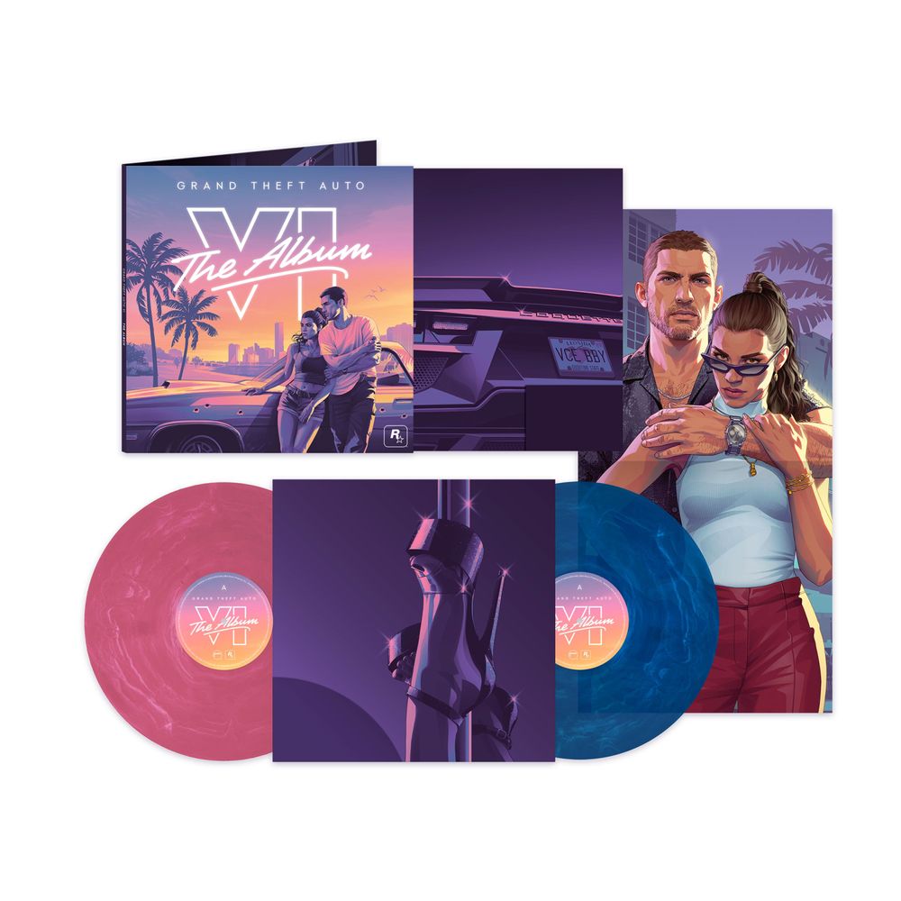 the album cover for Grand Theft Auto VI - Grand Theft Auto VI: The Album [Indie Exclusive Marble Pink &amp; Blue + Poster]