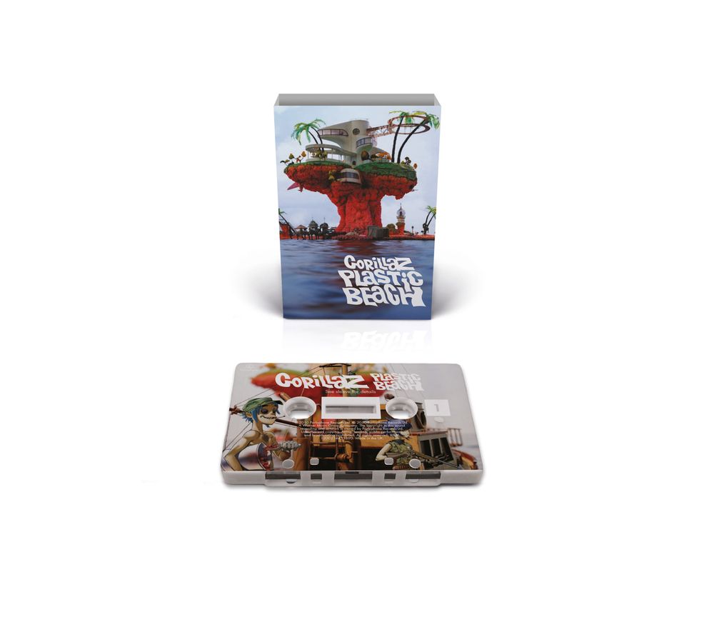 the album cover for Gorillaz - Plastic Beach - Brick & Mortar Exclusive [White Cassette with On Body Printing]