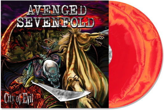 the album cover for Avenged Sevenfold - City Of Evil [Indie Exclusive Orange/Red Colored Vinyl]