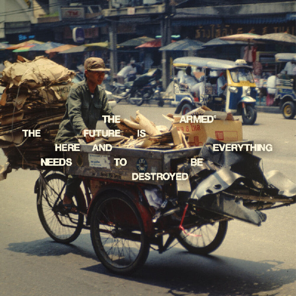 the album cover for The Armed - THE FUTURE IS HERE AND EVERYTHING NEEDS TO BE DESTROYED [Indie Exclusive Cloudy w/ Yellow/Pink/Green Splatter Vinyl]