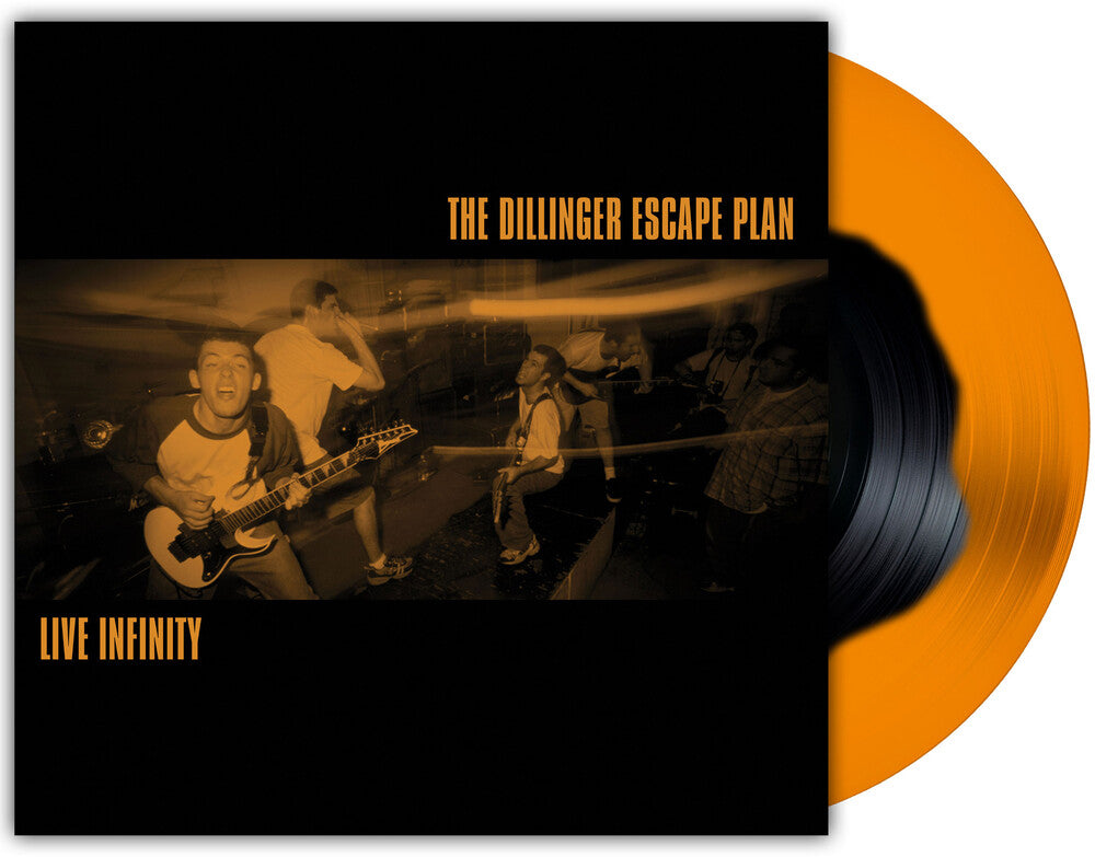 the album cover for THE DILLINGER ESCAPE PLAN	 - Live Infinity -  [Black inside of orange krush vinyl]