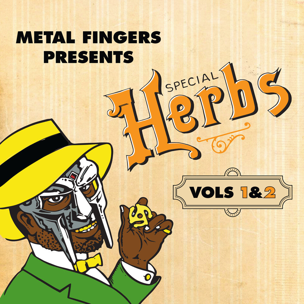 the album cover for MF DOOM - Metal Fingers Presents: Special Herbs Vol. 1 & 2 [Mustard Yellow LP]