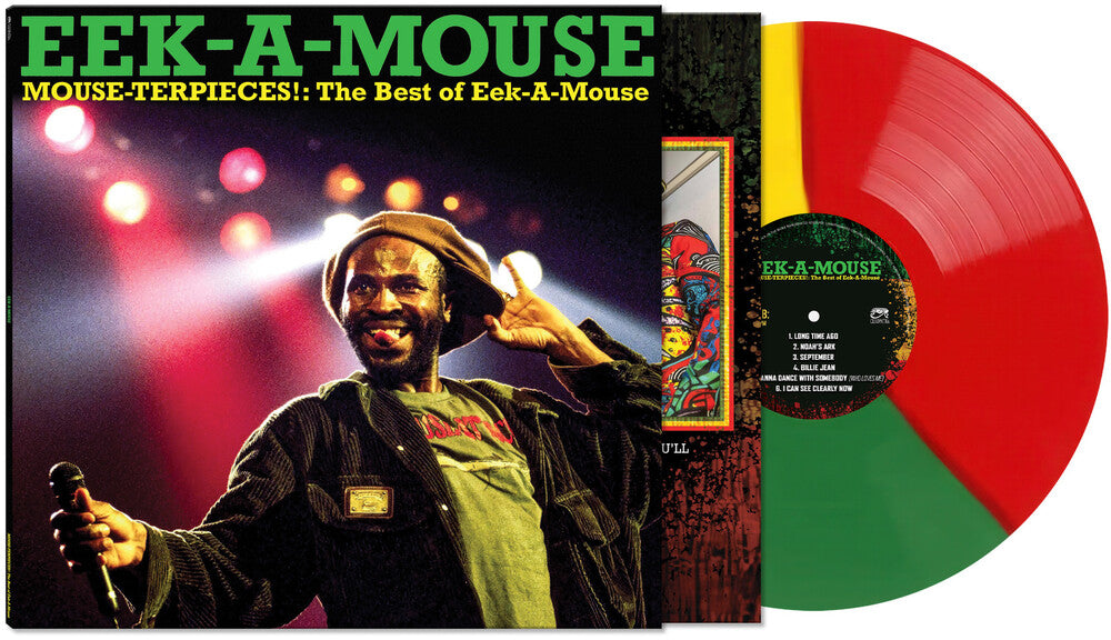 the album cover for Eek-A-Mouse - Mouse-terpieces: Best of Eek-A-Mouse [Red/Green/Yellow Split LP]
