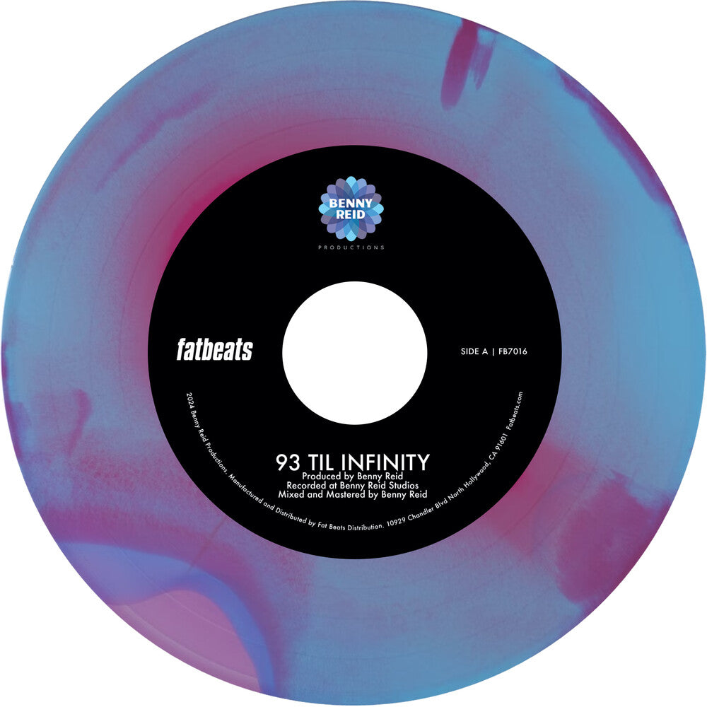 the album cover for Benny Reid - 93 'Til Infinity b/w Day One -  [hot pink, baby blue, and violet tri-color swirl vinyl]