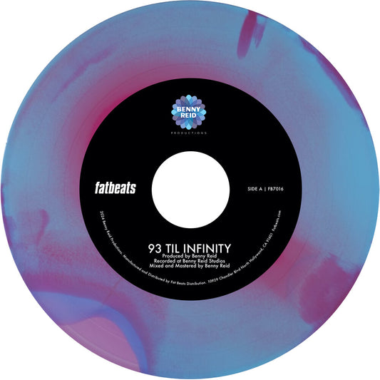 the album cover for Benny Reid - 93 'Til Infinity b/w Day One -  [hot pink, baby blue, and violet tri-color swirl vinyl]