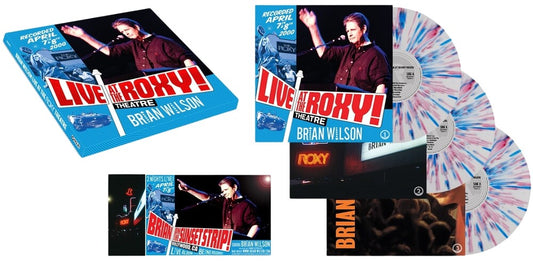 the album cover for Brian Wilson - Live At The Roxy Theatre [Indie Exclusive White + Red & Blue Splatter 140g 3LP]