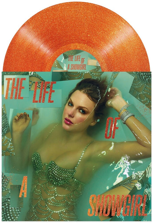 the album cover for Taylor Swift - The Life of a Showgirl [Sweat and Vanilla Perfume Portofino Orange Glitter Vinyl]