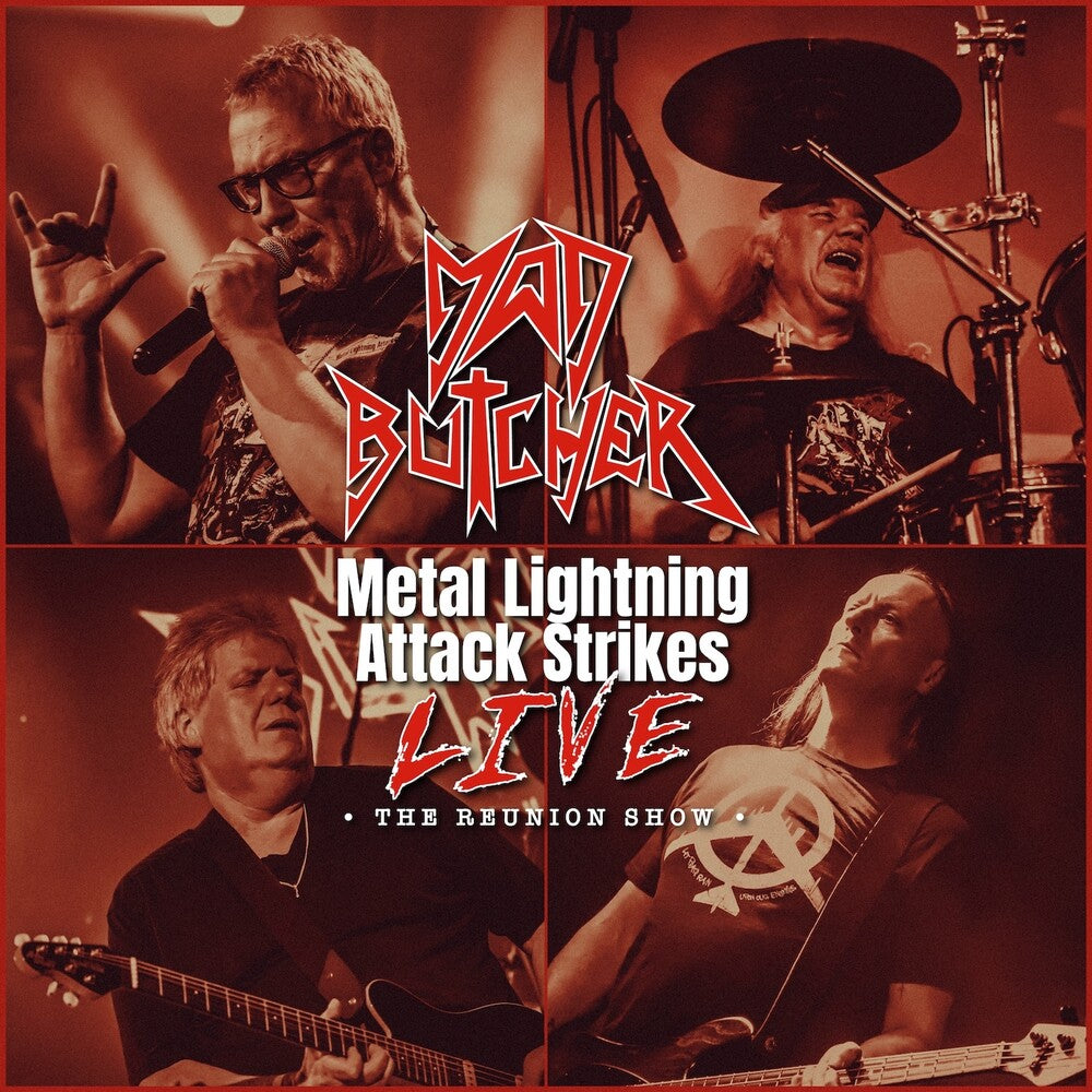 the album cover for mad butcher - Metal Lightning Attack Strikes Live - Reunion